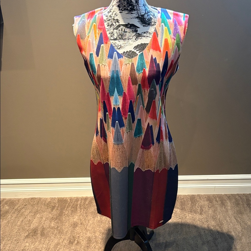 V-Neck Multicolor Pencil Tip Print Mini Dress